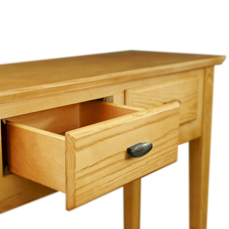 Mesa consola de madera maciza de fresno con 2 cajones y estante abierto – 2 acabados