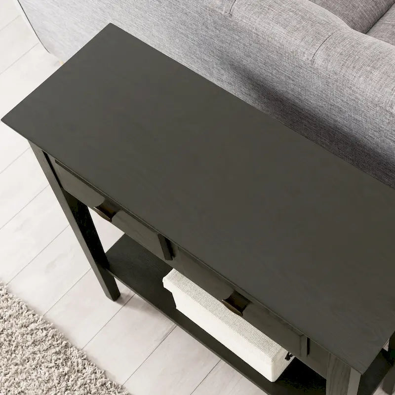 Mesa consola de madera maciza de fresno con 2 cajones y estante abierto – 2 acabados