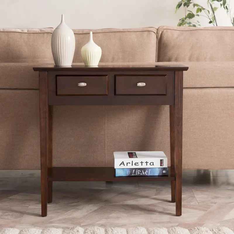 Mesa consola de madera maciza de fresno con 2 cajones y estante abierto – 2 acabados