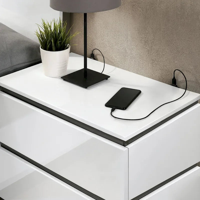 Juego de dormitorio moderno de plataforma de 5 piezas blanco con puertos de carga USB incorporados