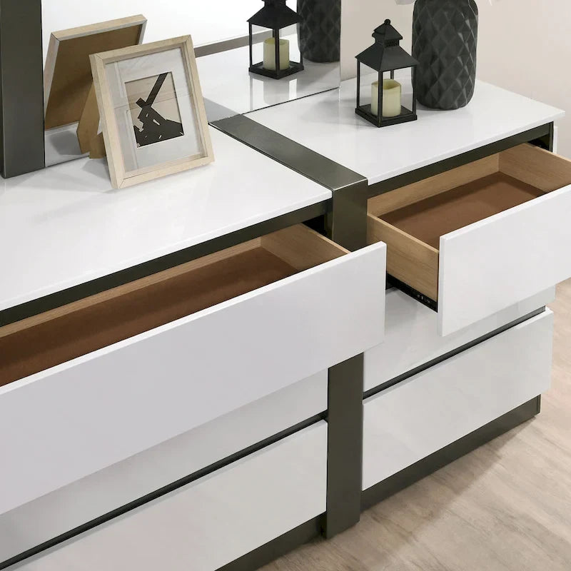 Juego de dormitorio moderno de plataforma de 5 piezas blanco con puertos de carga USB incorporados