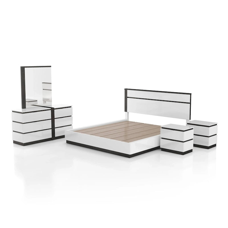 Juego de dormitorio moderno de plataforma de 5 piezas blanco con puertos de carga USB incorporados