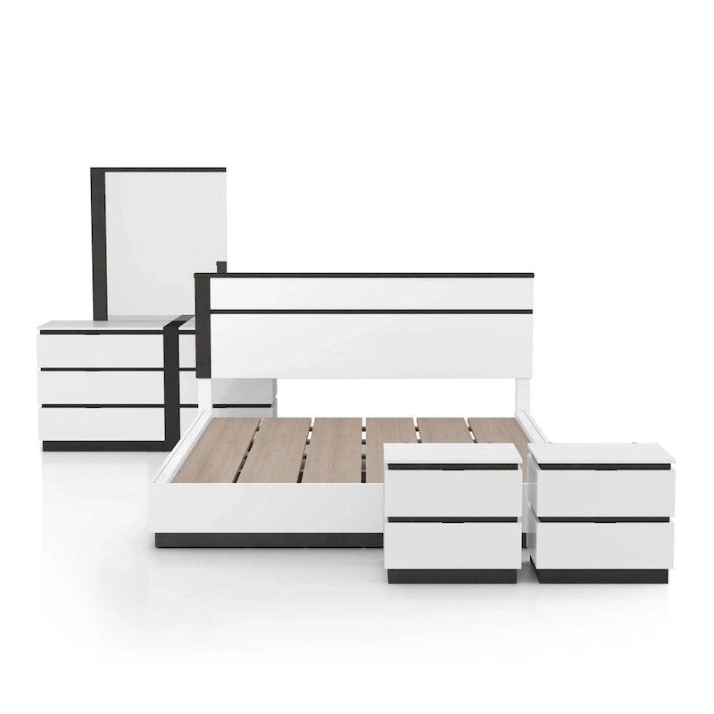 Juego de dormitorio moderno de plataforma de 5 piezas blanco con puertos de carga USB incorporados