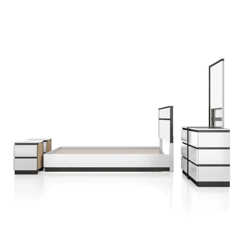 Juego de dormitorio moderno de plataforma de 5 piezas blanco con puertos de carga USB incorporados