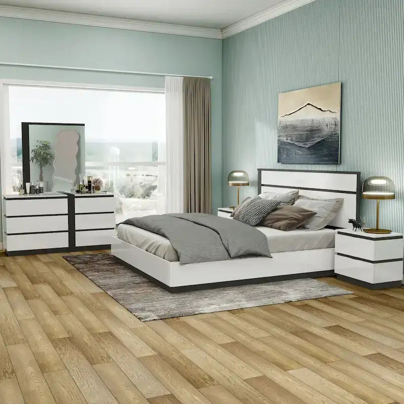 Juego de dormitorio moderno de plataforma de 5 piezas blanco con puertos de carga USB incorporados