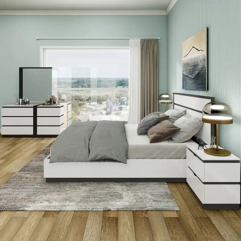 Juego de dormitorio moderno de plataforma de 5 piezas blanco con puertos de carga USB incorporados