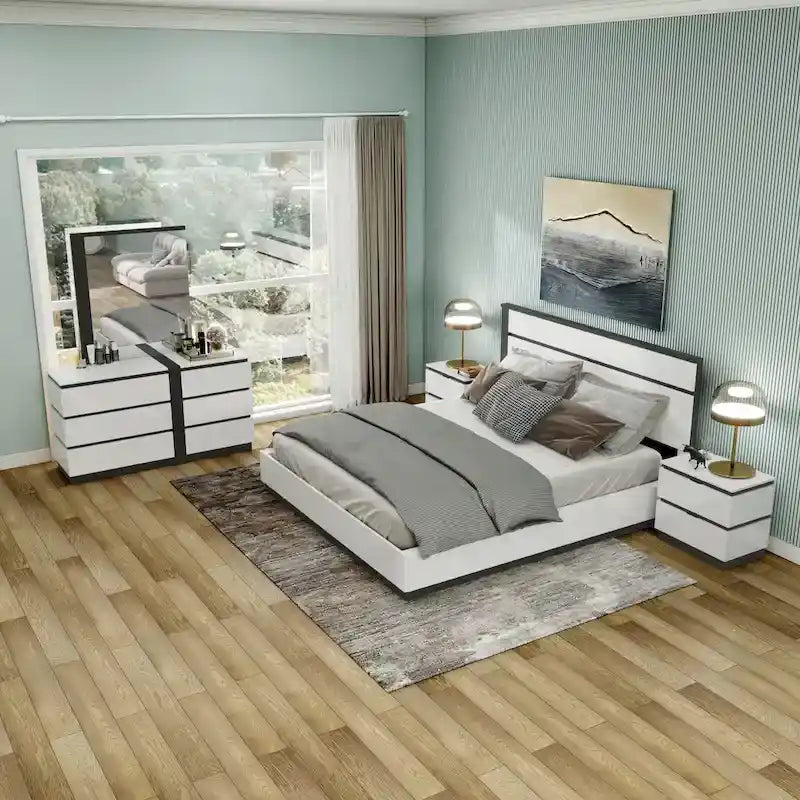 Juego de dormitorio moderno de plataforma de 5 piezas blanco con puertos de carga USB incorporados