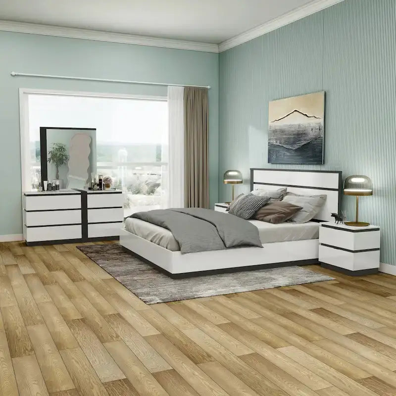 Juego de dormitorio moderno de plataforma de 5 piezas blanco con puertos de carga USB incorporados