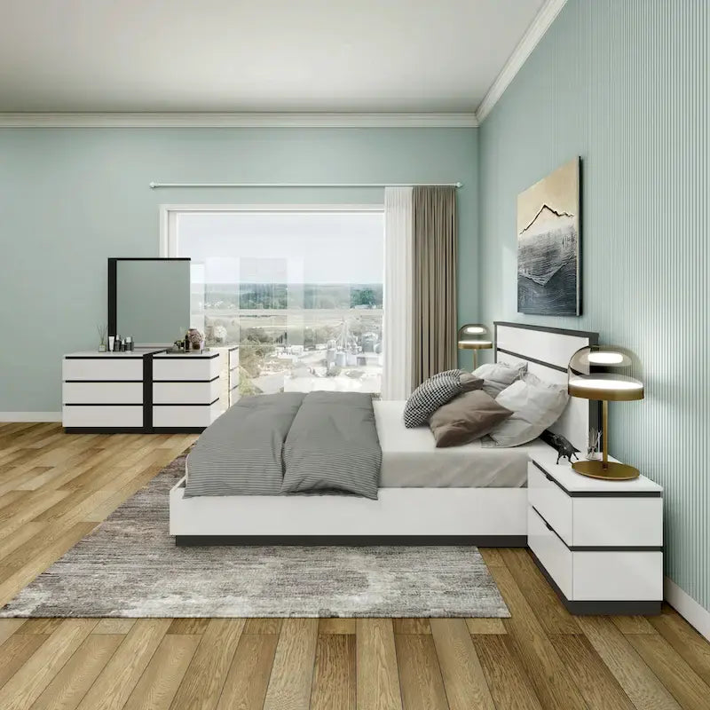 Juego de dormitorio moderno de plataforma de 5 piezas blanco con puertos de carga USB incorporados