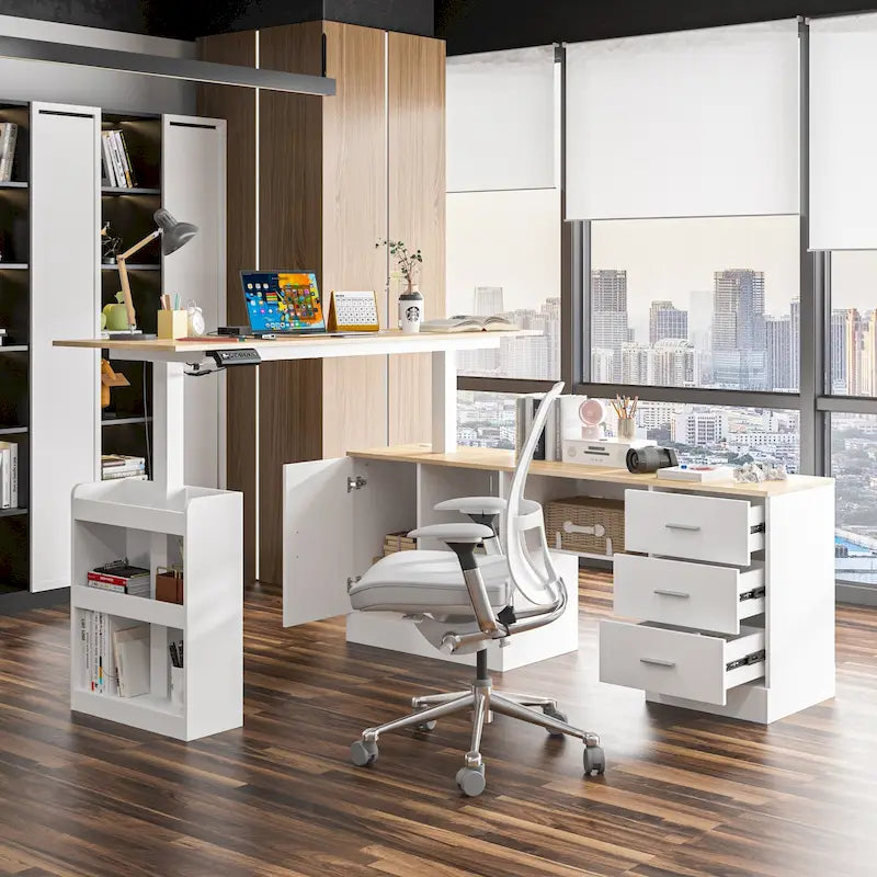 Escritorio de oficina de altura ajustable de 63" – Ergonómico para sentarse y levantarse con almacenamiento