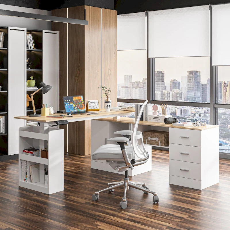 Escritorio de oficina de altura ajustable de 63" – Ergonómico para sentarse y levantarse con almacenamiento