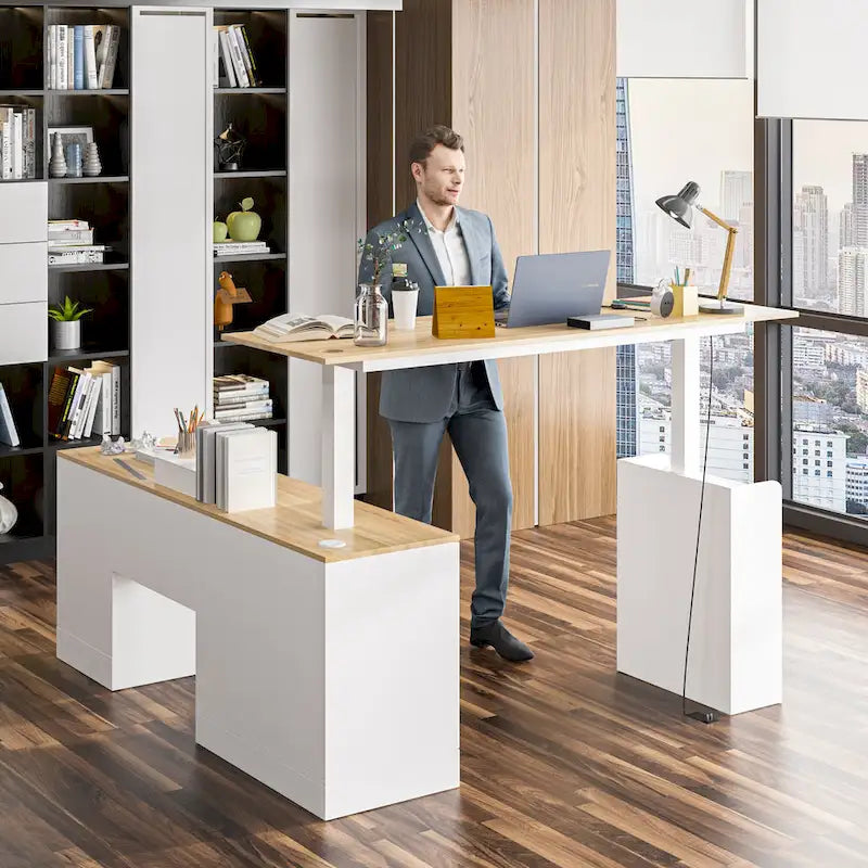 Escritorio de oficina de altura ajustable de 63" – Ergonómico para sentarse y levantarse con almacenamiento