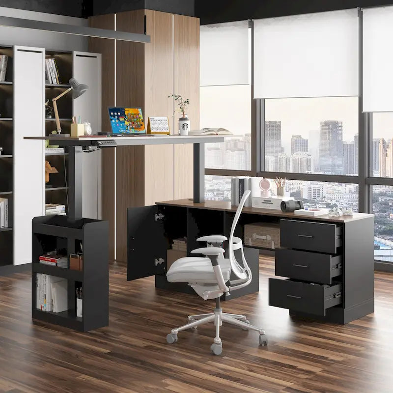 Escritorio de oficina de altura ajustable de 63" – Ergonómico para sentarse y levantarse con almacenamiento