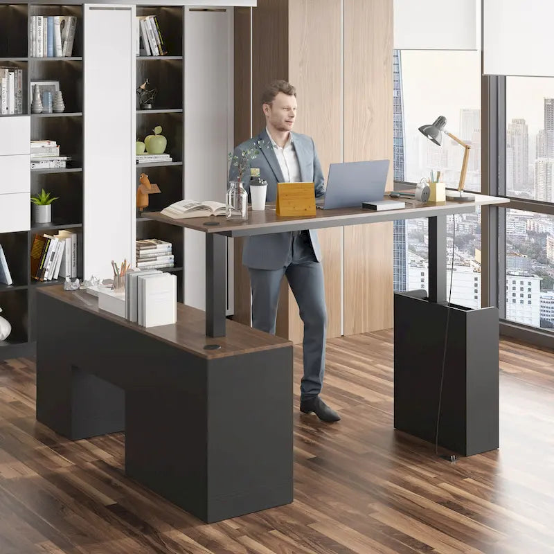 Escritorio de oficina de altura ajustable de 63" – Ergonómico para sentarse y levantarse con almacenamiento