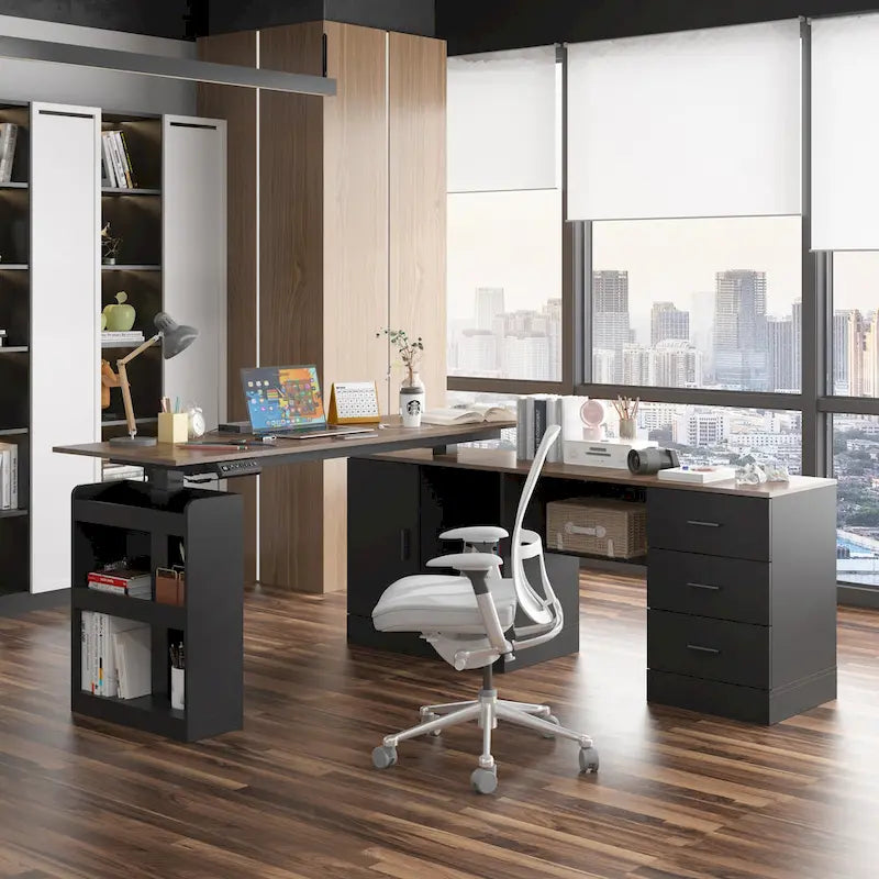 Escritorio de oficina de altura ajustable de 63" – Ergonómico para sentarse y levantarse con almacenamiento