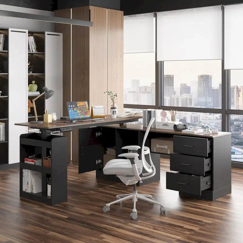 Escritorio de oficina de altura ajustable de 63" – Ergonómico para sentarse y levantarse con almacenamiento