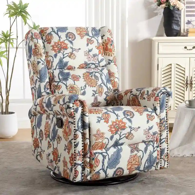 Sillón reclinable manual Floral Wingback – Giratorio, Balancín y Deslizante