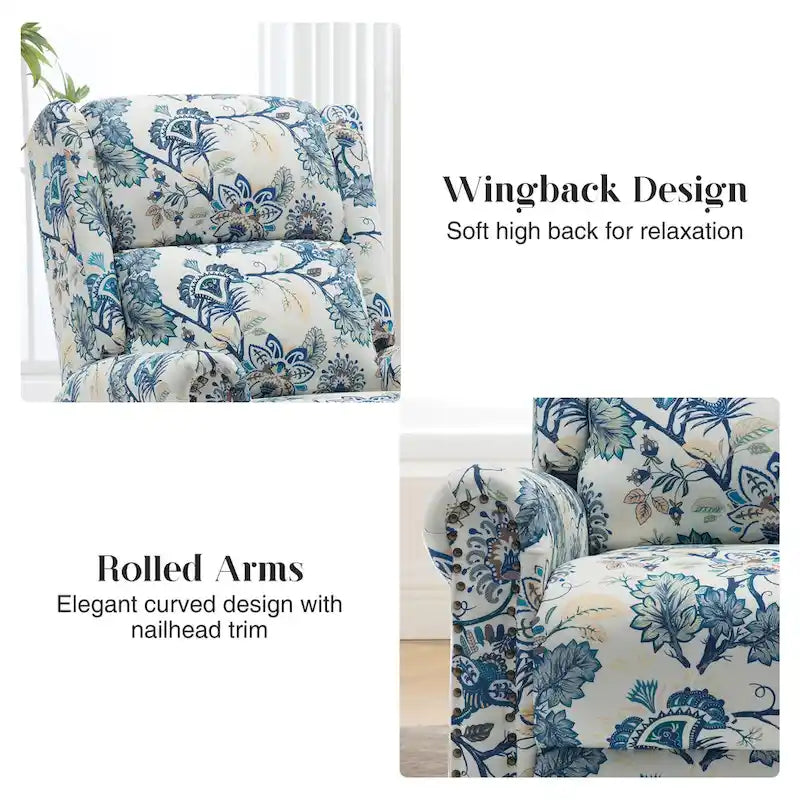 Sillón reclinable manual Floral Wingback – Giratorio, Balancín y Deslizante