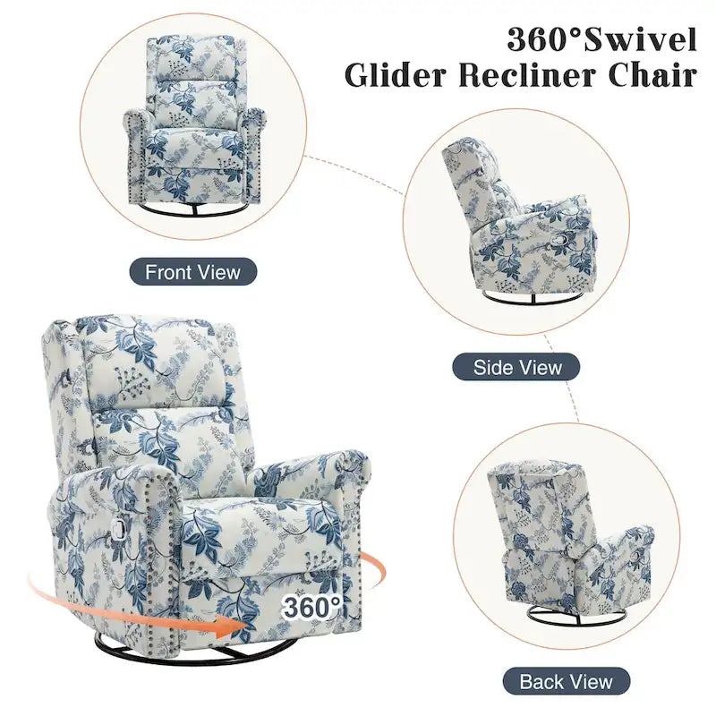 Sillón reclinable manual Floral Wingback – Giratorio, Balancín y Deslizante