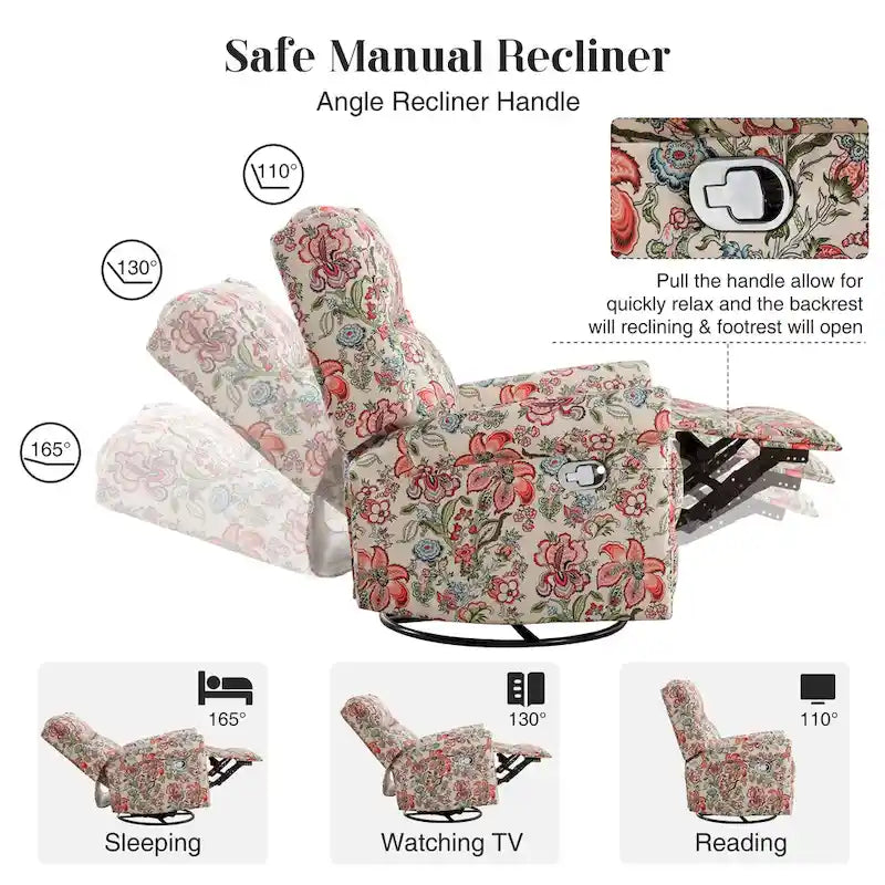 Sillón reclinable manual Floral Wingback – Giratorio, Balancín y Deslizante