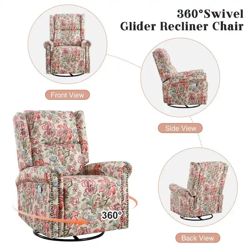 Sillón reclinable manual Floral Wingback – Giratorio, Balancín y Deslizante