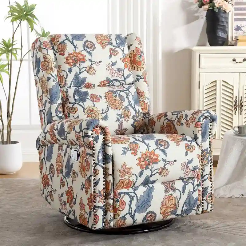 Sillón reclinable manual Floral Wingback – Giratorio, Balancín y Deslizante