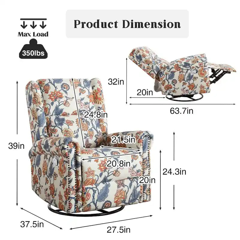 Sillón reclinable manual Floral Wingback – Giratorio, Balancín y Deslizante