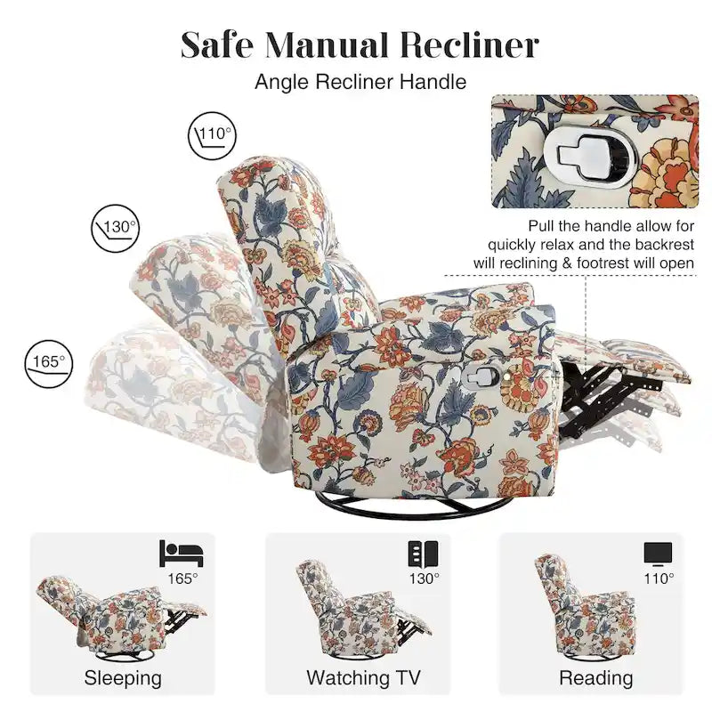 Sillón reclinable manual Floral Wingback – Giratorio, Balancín y Deslizante