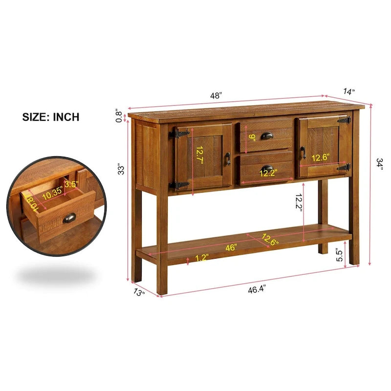Aparador/Consola de madera maciza de 48" con 2 cajones, armarios y estante inferior
