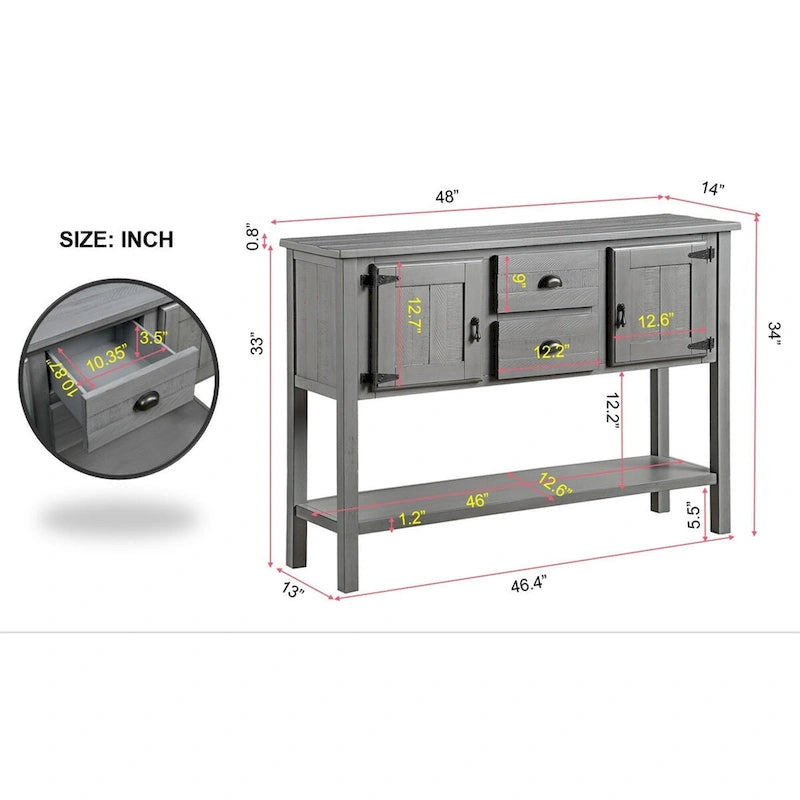 Aparador/Consola de madera maciza de 48" con 2 cajones, armarios y estante inferior