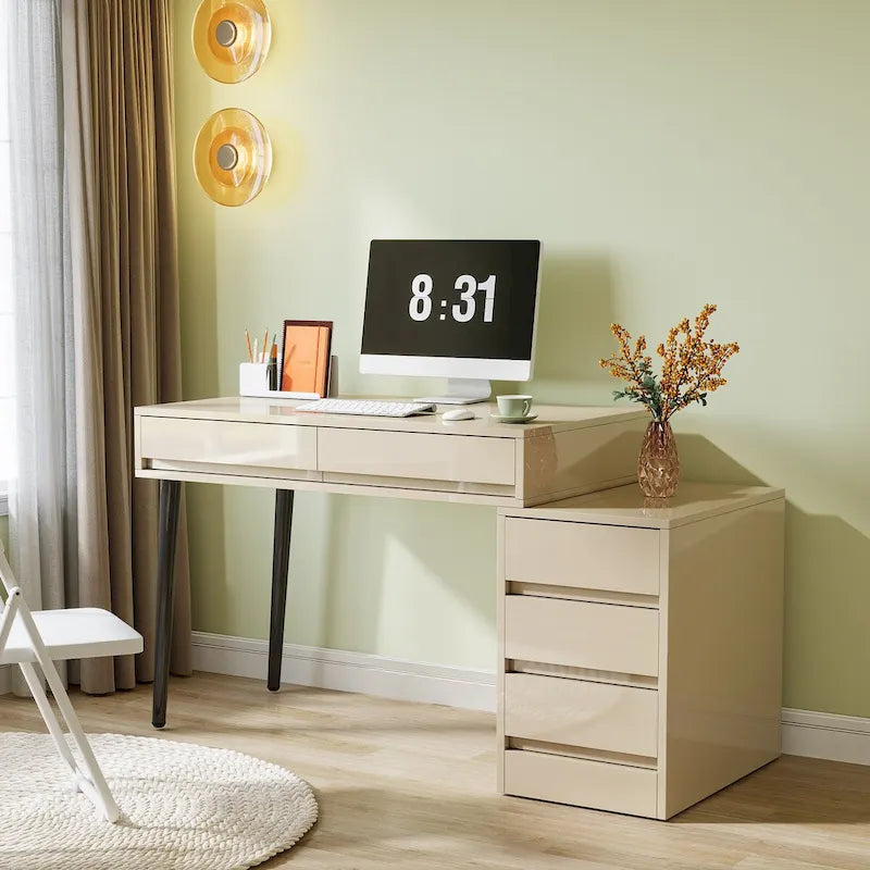 Escritorio de ordenador reversible con 5 cajones y soporte para impresora – Blanco de alto brillo