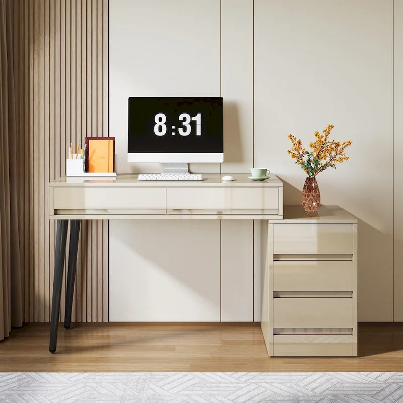 Escritorio de ordenador reversible con 5 cajones y soporte para impresora – Blanco de alto brillo