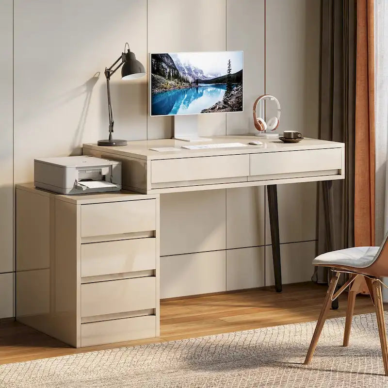 Escritorio de ordenador reversible con 5 cajones y soporte para impresora – Blanco de alto brillo