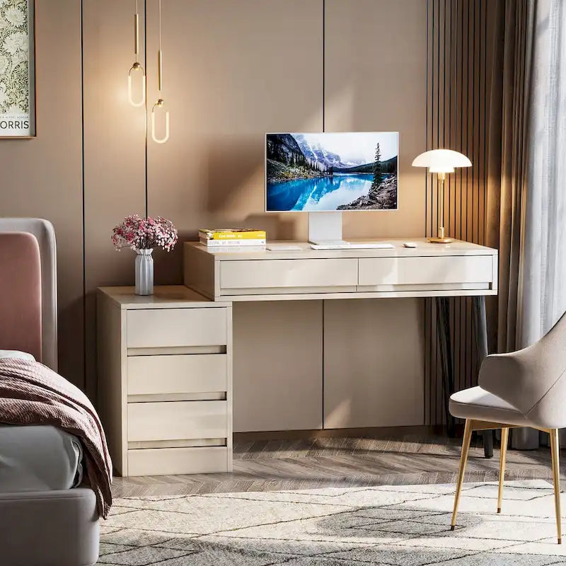 Escritorio de ordenador reversible con 5 cajones y soporte para impresora – Blanco de alto brillo