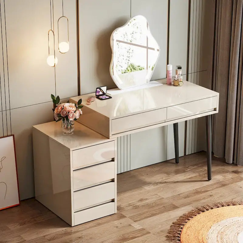 Escritorio de ordenador reversible con 5 cajones y soporte para impresora – Blanco de alto brillo