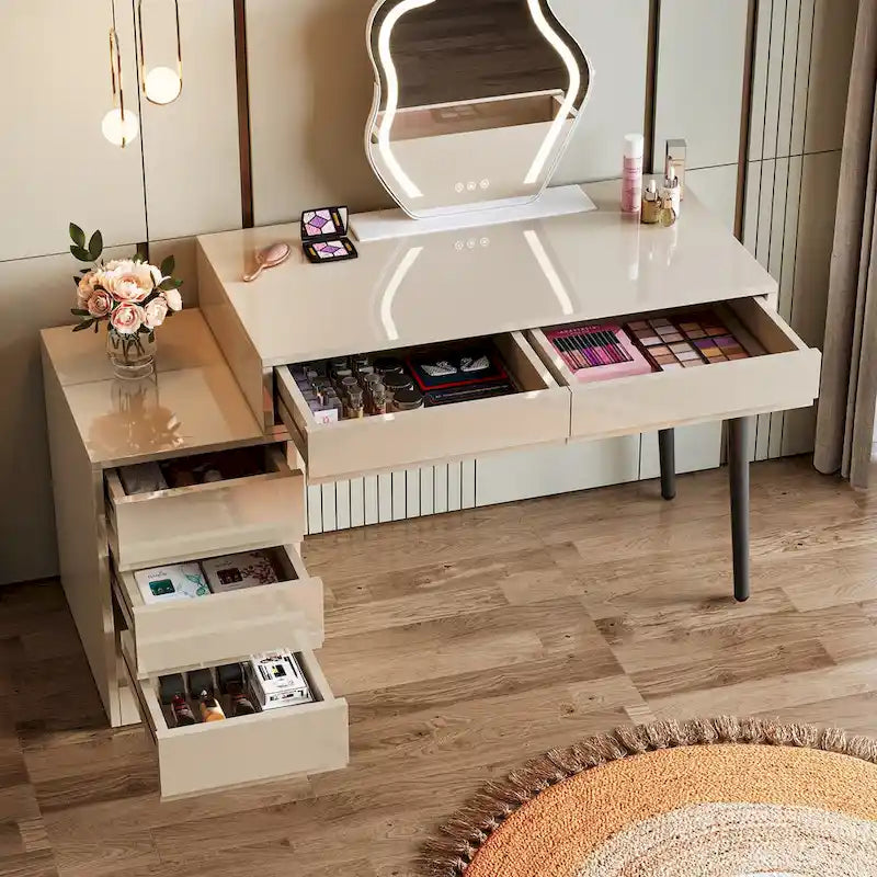 Escritorio de ordenador reversible con 5 cajones y soporte para impresora – Blanco de alto brillo