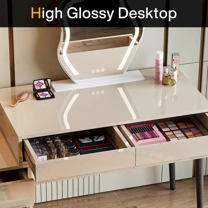 Escritorio de ordenador reversible con 5 cajones y soporte para impresora – Blanco de alto brillo
