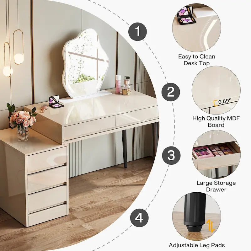 Escritorio de ordenador reversible con 5 cajones y soporte para impresora – Blanco de alto brillo