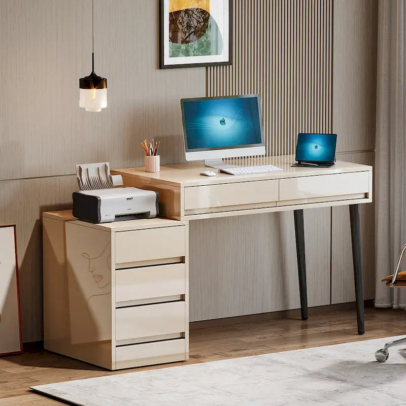 Escritorio de ordenador reversible con 5 cajones y soporte para impresora – Blanco de alto brillo
