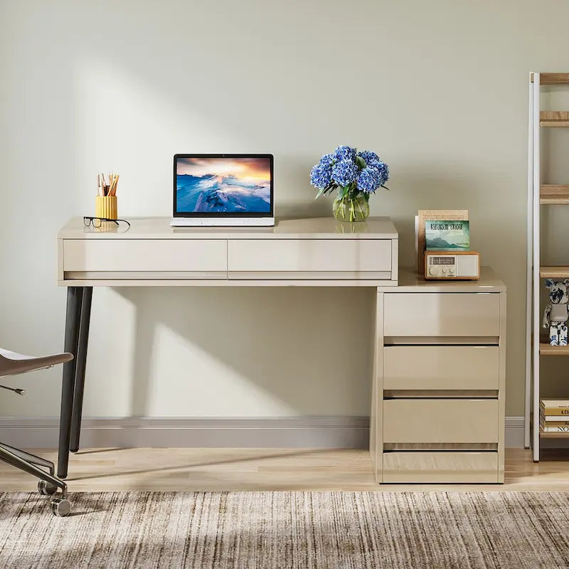 Escritorio de ordenador reversible con 5 cajones y soporte para impresora – Blanco de alto brillo