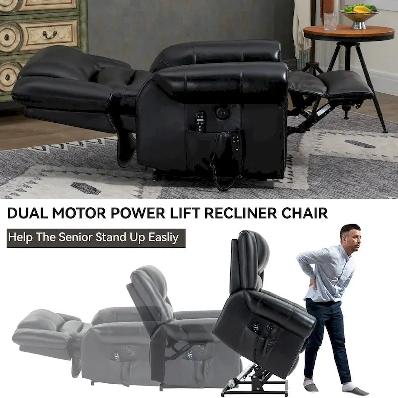 Sillones reclinables elevadores de cuero genuino con motor dual, masaje y calor, puertos USB