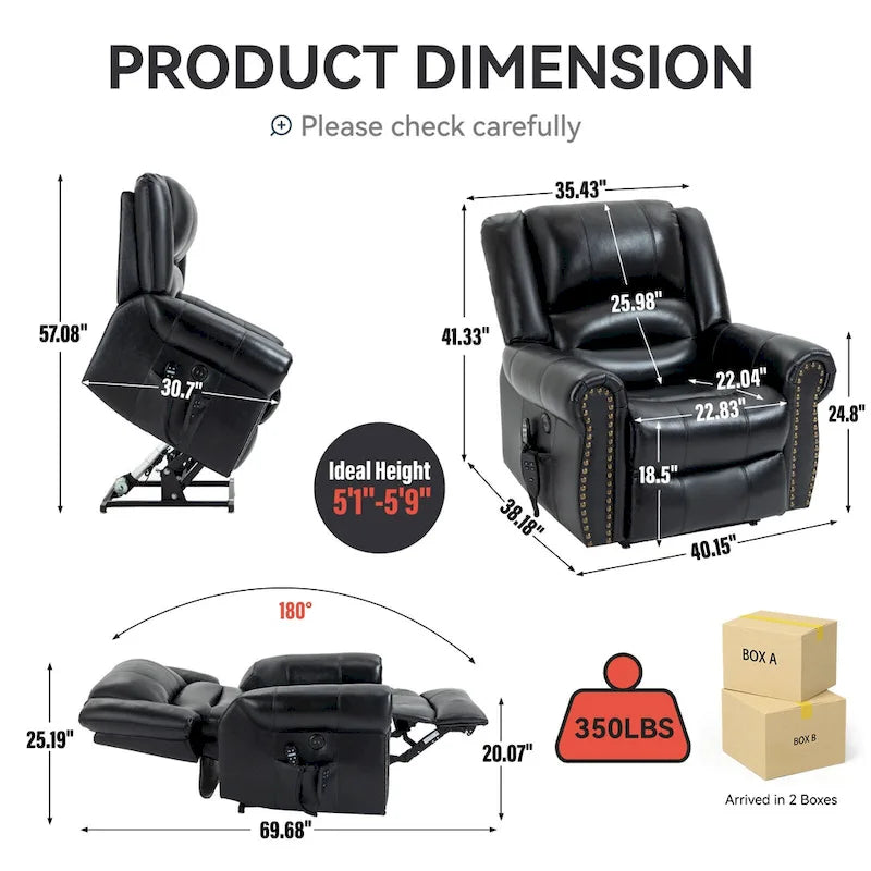 Sillones reclinables elevadores de cuero genuino con motor dual, masaje y calor, puertos USB