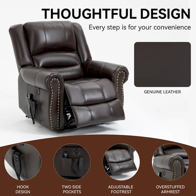 Sillones reclinables elevadores de cuero genuino con motor dual, masaje y calor, puertos USB