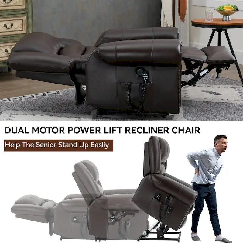Sillones reclinables elevadores de cuero genuino con motor dual, masaje y calor, puertos USB