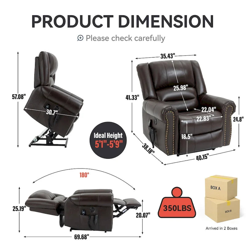 Sillones reclinables elevadores de cuero genuino con motor dual, masaje y calor, puertos USB