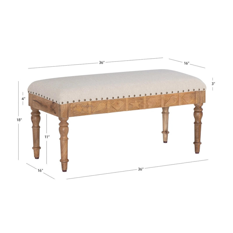 Banco tapizado con conchas marinas para entrada - Madera de mango, capacidad de 400 lb