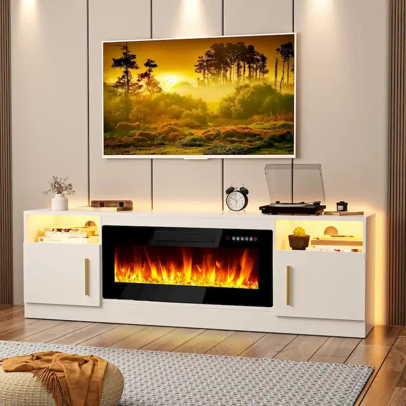 Soporte para TV de 70" con chimenea eléctrica de 36" y luces LED de 16 colores