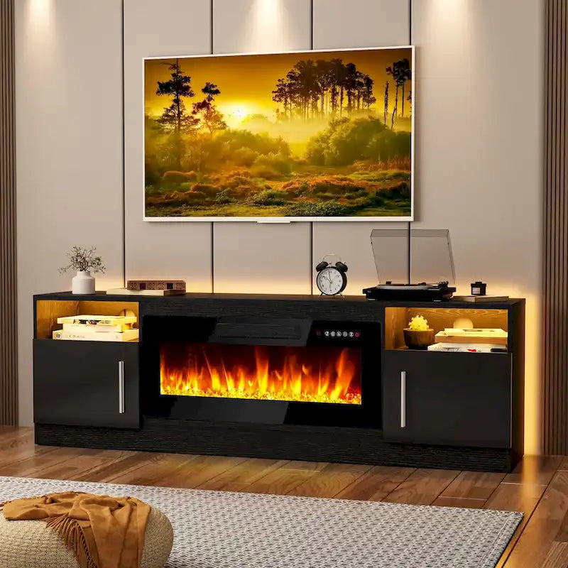 Soporte para TV de 70" con chimenea eléctrica de 36" y luces LED de 16 colores