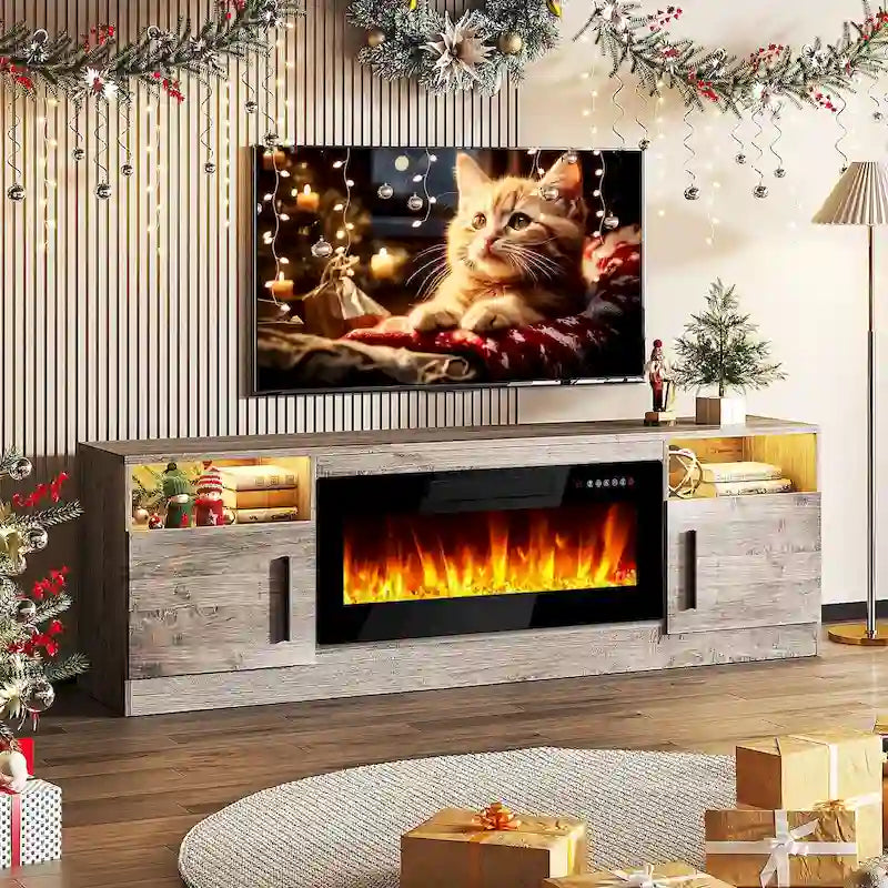 Soporte para TV de 70" con chimenea eléctrica de 36" y luces LED de 16 colores