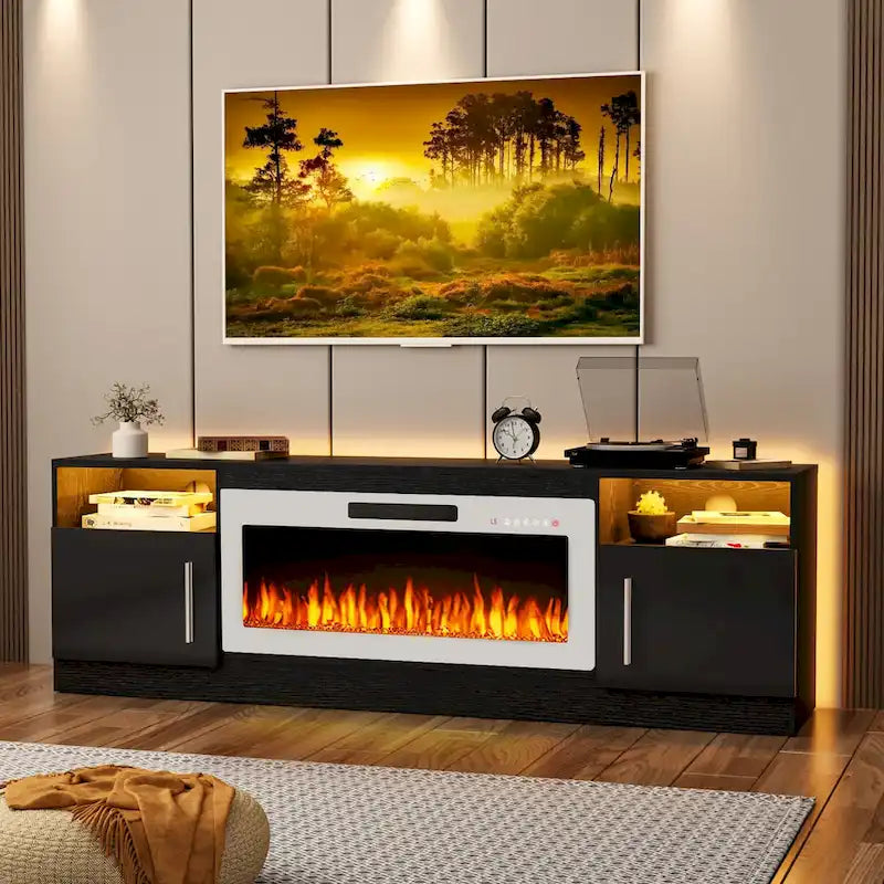 Soporte para TV de 70" con chimenea eléctrica de 36" y luces LED de 16 colores